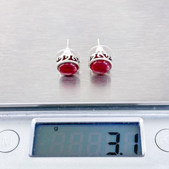 Vintage Sterling Silver 925 Synthetic Ruby Red Cabochon Stud Earrings - Picture 8 of 9